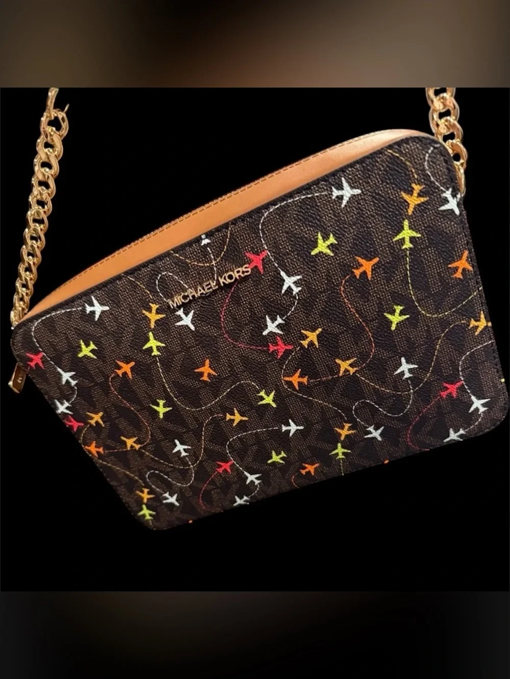 Michael Kors Black Crossbody with Multicolor Airplane Print